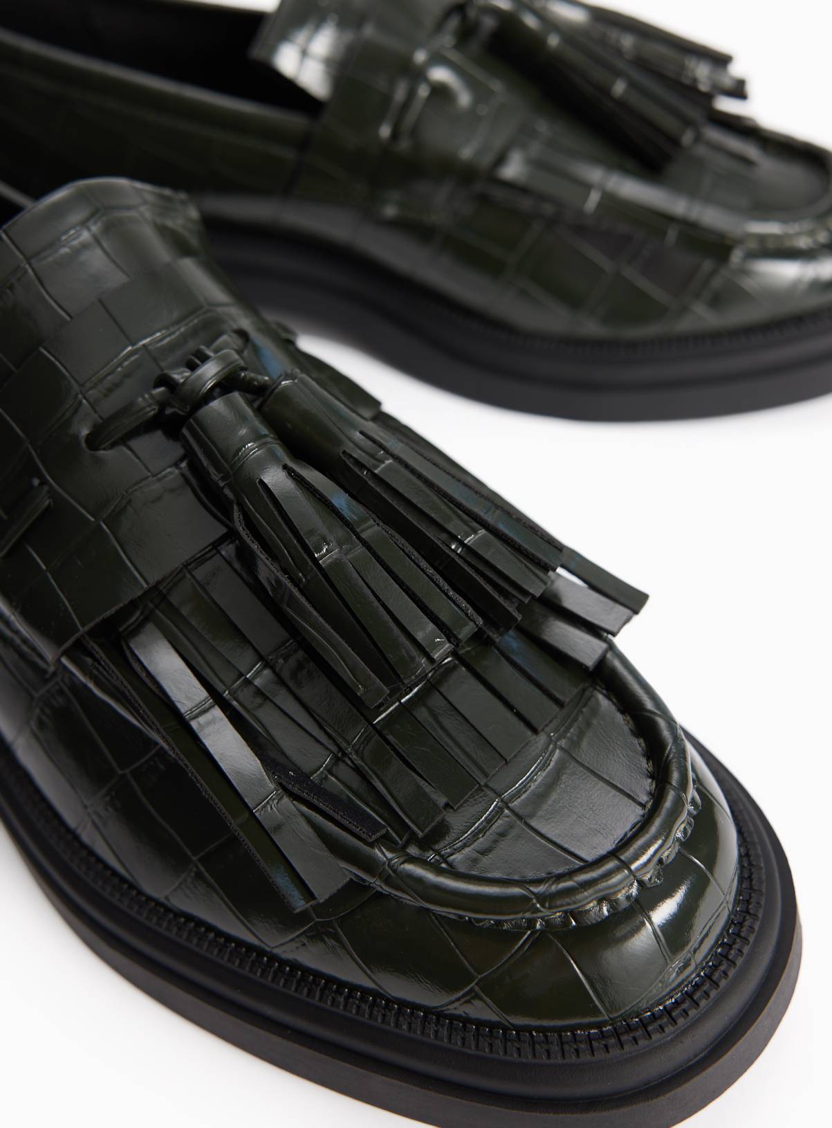 Dark Green Faux Leather Croc Detail Chunky Loafers 5 - Image 4